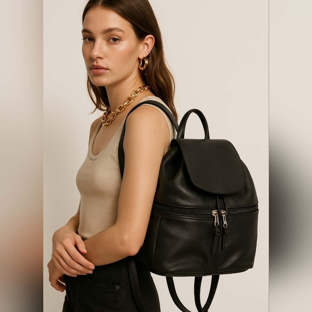 BRUNO ROSSI Black Leather Backpack Purse Bag